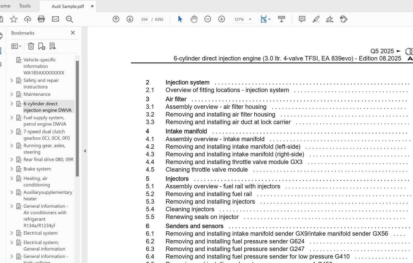 AUDI REPAIR MANUAL INDEX TABLE
