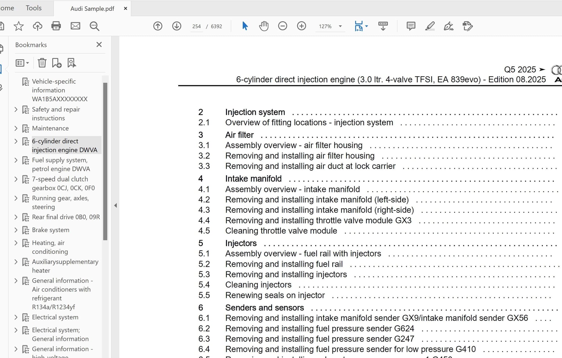 AUDI REPAIR MANUAL INDEX TABLE